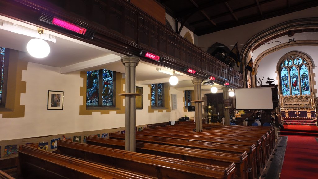 Wall mounted EXO heaters in a church.