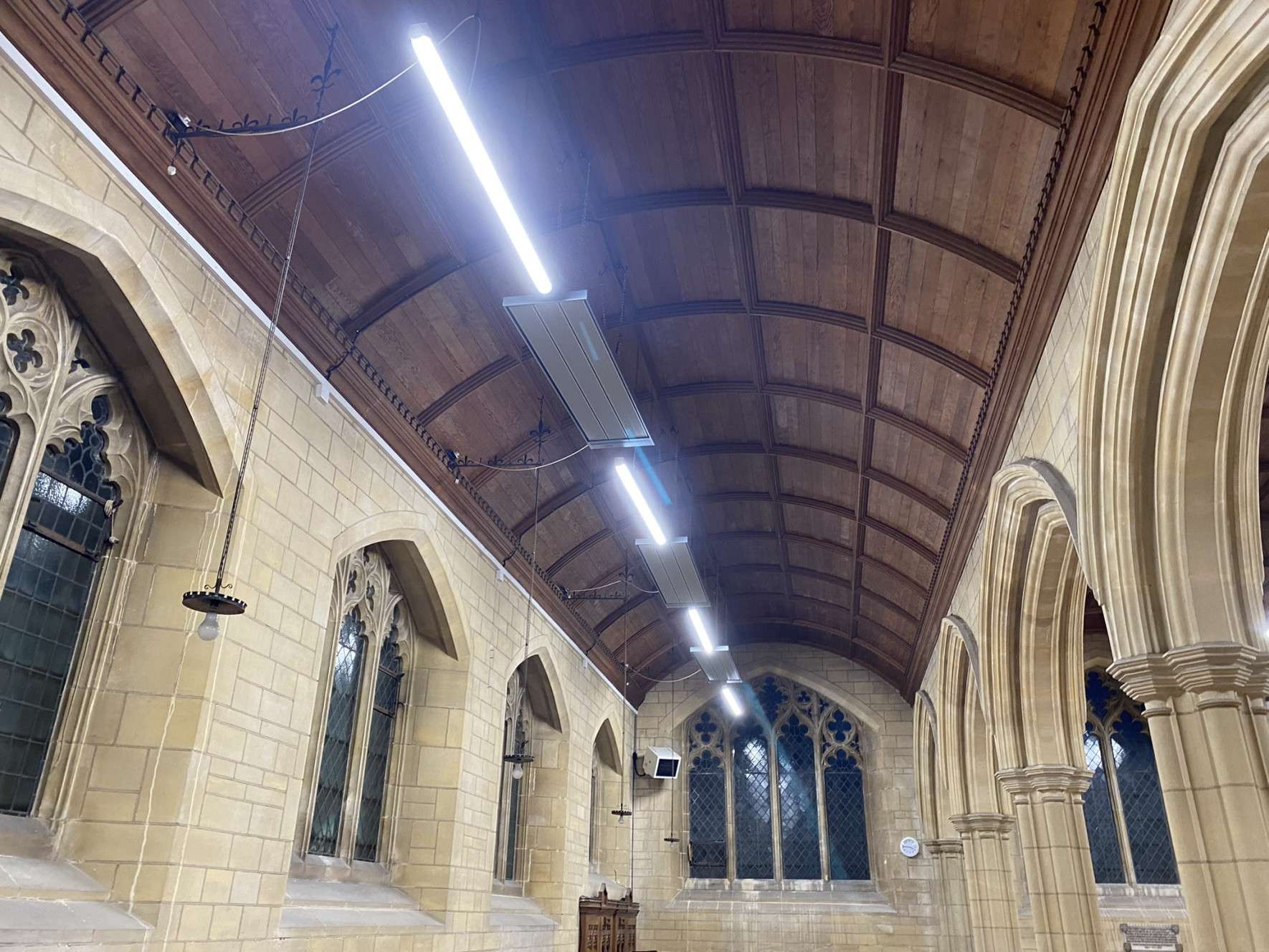 suspended EEZ infrared heaters in church